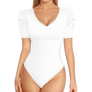 image:imageMANGOPOP Womens Bodysuit Deep V Neck Puff Short Sleeve Fitted Body Suits Casual Blouse Tops Elegant02 White