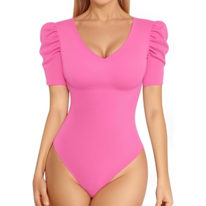 image:imageMANGOPOP Womens Bodysuit Deep V Neck Puff Short Sleeve Fitted Body Suits Casual Blouse Tops ElegantBlush