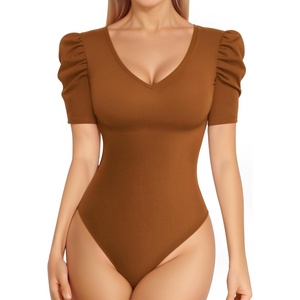 image:imageMANGOPOP Womens Bodysuit Deep V Neck Puff Short Sleeve Fitted Body Suits Casual Blouse Tops ElegantCamel