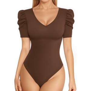 image:imageMANGOPOP Womens Bodysuit Deep V Neck Puff Short Sleeve Fitted Body Suits Casual Blouse Tops ElegantCoffee