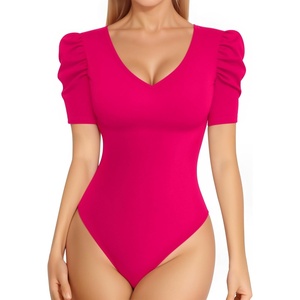 image:imageMANGOPOP Womens Bodysuit Deep V Neck Puff Short Sleeve Fitted Body Suits Casual Blouse Tops ElegantHot Pink