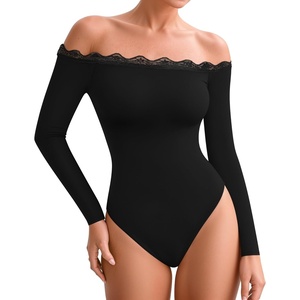 image:imageMANGOPOP Womens Off The Shoulder Long Sleeve Bodysuit Lace Body Suits Sexy Tops Fall Outfit 202501 Black