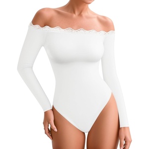 image:imageMANGOPOP Womens Off The Shoulder Long Sleeve Bodysuit Lace Body Suits Sexy Tops Fall Outfit 202501 White
