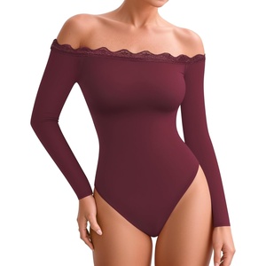 image:imageMANGOPOP Womens Off The Shoulder Long Sleeve Bodysuit Lace Body Suits Sexy Tops Fall Outfit 2025Burgundy
