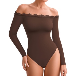image:imageMANGOPOP Womens Off The Shoulder Long Sleeve Bodysuit Lace Body Suits Sexy Tops Fall Outfit 2025Coffee