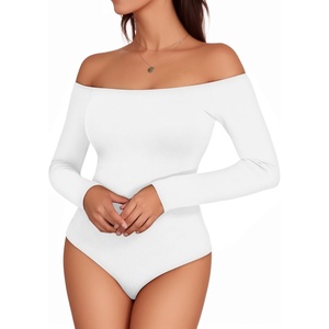 image:imageMANGOPOP Womens Off The Shoulder Long Sleeve Short Sleeve Bodysuit Sexy Backless Body Suit Tops02 Long Sleeve White
