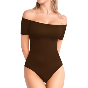 image:imageMANGOPOP Womens Off The Shoulder Long Sleeve Short Sleeve Bodysuit Sexy Backless Body Suit Tops03 Short Sleeve Coffee