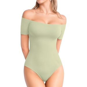 image:imageMANGOPOP Womens Off The Shoulder Long Sleeve Short Sleeve Bodysuit Sexy Backless Body Suit Tops03 Short Sleeve Fern Green