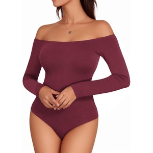 image:imageMANGOPOP Womens Off The Shoulder Long Sleeve Short Sleeve Bodysuit Sexy Backless Body Suit TopsLong Sleeve Burgundy