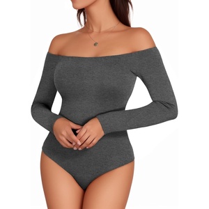 image:imageMANGOPOP Womens Off The Shoulder Long Sleeve Short Sleeve Bodysuit Sexy Backless Body Suit TopsLong Sleeve Dark Heather Grey