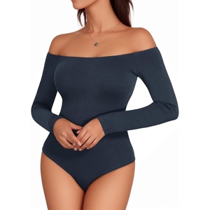 image:imageMANGOPOP Womens Off The Shoulder Long Sleeve Short Sleeve Bodysuit Sexy Backless Body Suit TopsLong Sleeve Deep Blue