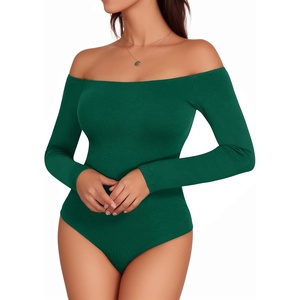 image:imageMANGOPOP Womens Off The Shoulder Long Sleeve Short Sleeve Bodysuit Sexy Backless Body Suit TopsLong Sleeve Deep Green