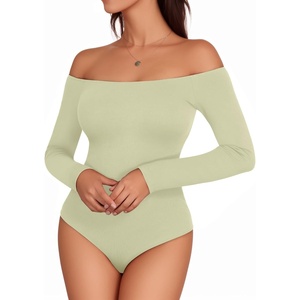 image:imageMANGOPOP Womens Off The Shoulder Long Sleeve Short Sleeve Bodysuit Sexy Backless Body Suit TopsLong Sleeve Fern Green