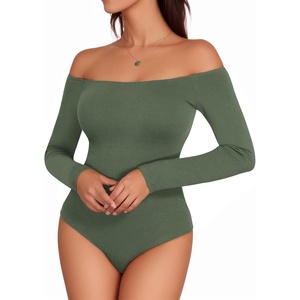 image:imageMANGOPOP Womens Off The Shoulder Long Sleeve Short Sleeve Bodysuit Sexy Backless Body Suit TopsLong Sleeve Grayish Green
