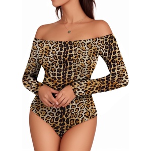 image:imageMANGOPOP Womens Off The Shoulder Long Sleeve Short Sleeve Bodysuit Sexy Backless Body Suit TopsLong Sleeve Leopard