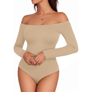 image:imageMANGOPOP Womens Off The Shoulder Long Sleeve Short Sleeve Bodysuit Sexy Backless Body Suit TopsLong Sleeve Light Camel