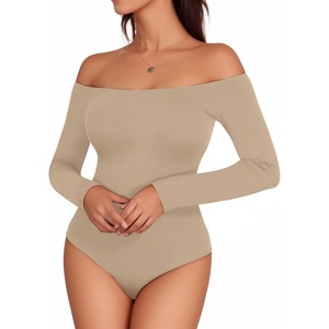 image:imageMANGOPOP Womens Off The Shoulder Long Sleeve Short Sleeve Bodysuit Sexy Backless Body Suit TopsLong Sleeve Mocha