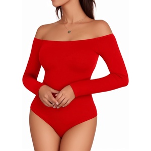 image:imageMANGOPOP Womens Off The Shoulder Long Sleeve Short Sleeve Bodysuit Sexy Backless Body Suit TopsLong Sleeve Red