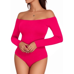 image:imageMANGOPOP Womens Off The Shoulder Long Sleeve Short Sleeve Bodysuit Sexy Backless Body Suit TopsLong Sleeve Rose Red