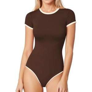 image:imageMANGOPOP Womens Round Neck Short Sleeve Bodysuit T Shirts Basic Body Suit TopsBbrown