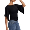 image:imageMANGOPOP Boat Neck Tops for Women 34 Sleeve Bell Sleeve Fitted Ruched Shirts Summer Y2k Trendy Going Out Tops 2026Black