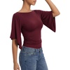 image:imageMANGOPOP Boat Neck Tops for Women 34 Sleeve Bell Sleeve Fitted Ruched Shirts Summer Y2k Trendy Going Out Tops 2026Burgundy
