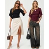 image:imageMANGOPOP Boat Neck Tops for Women 34 Sleeve Bell Sleeve Fitted Ruched Shirts Summer Y2k Trendy Going Out Tops 2026Burgundy