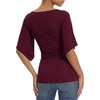 image:imageMANGOPOP Boat Neck Tops for Women 34 Sleeve Bell Sleeve Fitted Ruched Shirts Summer Y2k Trendy Going Out Tops 2026Burgundy