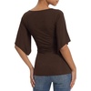 image:imageMANGOPOP Boat Neck Tops for Women 34 Sleeve Bell Sleeve Fitted Ruched Shirts Summer Y2k Trendy Going Out Tops 2026Coffee
