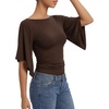 image:imageMANGOPOP Boat Neck Tops for Women 34 Sleeve Bell Sleeve Fitted Ruched Shirts Summer Y2k Trendy Going Out Tops 2026Coffee