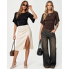 image:imageMANGOPOP Boat Neck Tops for Women 34 Sleeve Bell Sleeve Fitted Ruched Shirts Summer Y2k Trendy Going Out Tops 2026Coffee