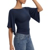 image:imageMANGOPOP Boat Neck Tops for Women 34 Sleeve Bell Sleeve Fitted Ruched Shirts Summer Y2k Trendy Going Out Tops 2026Deep Blue