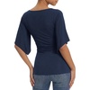 image:imageMANGOPOP Boat Neck Tops for Women 34 Sleeve Bell Sleeve Fitted Ruched Shirts Summer Y2k Trendy Going Out Tops 2026Deep Blue