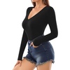 image:imageMANGOPOP Deep V Neck Long Sleeve Shirts for Women Sexy Slim Fitted T Shirt TopsA1long Sleeve Black