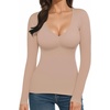 image:imageMANGOPOP Deep V Neck Long Sleeve Shirts for Women Sexy Slim Fitted T Shirt TopsBlong Sleeve Latte
