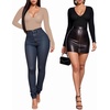 image:imageMANGOPOP Deep V Neck Long Sleeve Shirts for Women Sexy Slim Fitted T Shirt TopsBlong Sleeve Latte