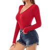 image:imageMANGOPOP Deep V Neck Long Sleeve Shirts for Women Sexy Slim Fitted T Shirt TopsBlong Sleeve Red