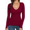 image:imageMANGOPOP Deep V Neck Long Sleeve Shirts for Women Sexy Slim Fitted T Shirt TopsClong Sleeve Burgundy Fleece Lined