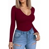 image:imageMANGOPOP Deep V Neck Long Sleeve Shirts for Women Sexy Slim Fitted T Shirt TopsClong Sleeve Burgundy Fleece Lined