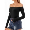 image:imageMANGOPOP Off The Shoulder Tops for Women Sexy Long Sleeve T Shirt Slim Fitted Tee Casual Blouse Going Out TopsA1long Sleeve Black