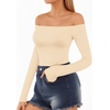 image:imageMANGOPOP Off The Shoulder Tops for Women Sexy Long Sleeve T Shirt Slim Fitted Tee Casual Blouse Going Out TopsB14 Light Apricot