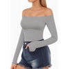 image:imageMANGOPOP Off The Shoulder Tops for Women Sexy Long Sleeve T Shirt Slim Fitted Tee Casual Blouse Going Out TopsB15 Light Grey