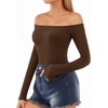 image:imageMANGOPOP Off The Shoulder Tops for Women Sexy Long Sleeve T Shirt Slim Fitted Tee Casual Blouse Going Out TopsB4long Sleeve Coffee