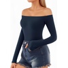 image:imageMANGOPOP Off The Shoulder Tops for Women Sexy Long Sleeve T Shirt Slim Fitted Tee Casual Blouse Going Out TopsB5long Sleeve Deep Blue
