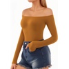 image:imageMANGOPOP Off The Shoulder Tops for Women Sexy Long Sleeve T Shirt Slim Fitted Tee Casual Blouse Going Out TopsB8long Sleeve Camel