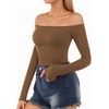 image:imageMANGOPOP Off The Shoulder Tops for Women Sexy Long Sleeve T Shirt Slim Fitted Tee Casual Blouse Going Out TopsD01 Tan