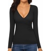 image:imageMANGOPOP Womens Cross Wrap Ruched Plunge Sexy Deep V Neck Slim Fit Long Sleeve Fleece Lined T Shirt Tunic Tops Tee01 Black
