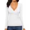 image:imageMANGOPOP Womens Cross Wrap Ruched Plunge Sexy Deep V Neck Slim Fit Long Sleeve Fleece Lined T Shirt Tunic Tops Tee02 White