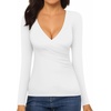 image:imageMANGOPOP Womens Cross Wrap Ruched Plunge Sexy Deep V Neck Slim Fit Long Sleeve Fleece Lined T Shirt Tunic Tops Tee04 Fleece Lined White