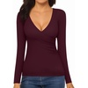 image:imageMANGOPOP Womens Cross Wrap Ruched Plunge Sexy Deep V Neck Slim Fit Long Sleeve Fleece Lined T Shirt Tunic Tops TeeBurgundy